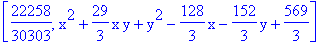 [22258/30303, x^2+29/3*x*y+y^2-128/3*x-152/3*y+569/3]